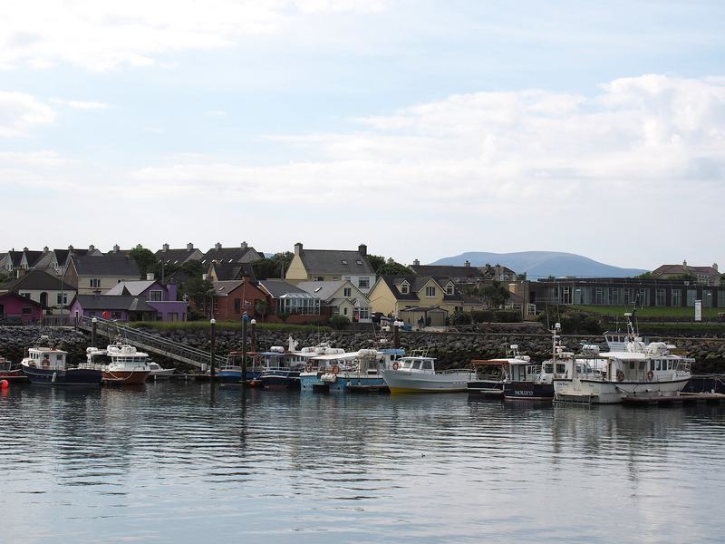 Fishing boats in Dingle Harbour with the town's houses behind