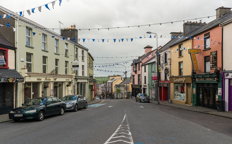 Lower Bridge Street in Killorglin, with bunting across the street